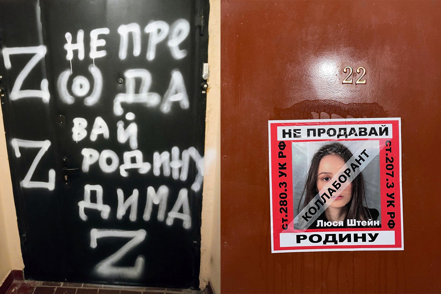 Doors of the “Protest MSU” activist Dmitry Ivanov and Lucy Stein / Photo: SOTA and Stein's Instagram page